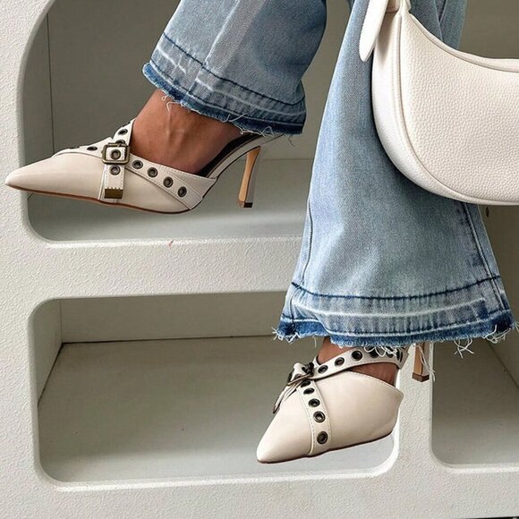 White Elegant Women's Pointed Toe Mules Pumps - Picture 1 of 10